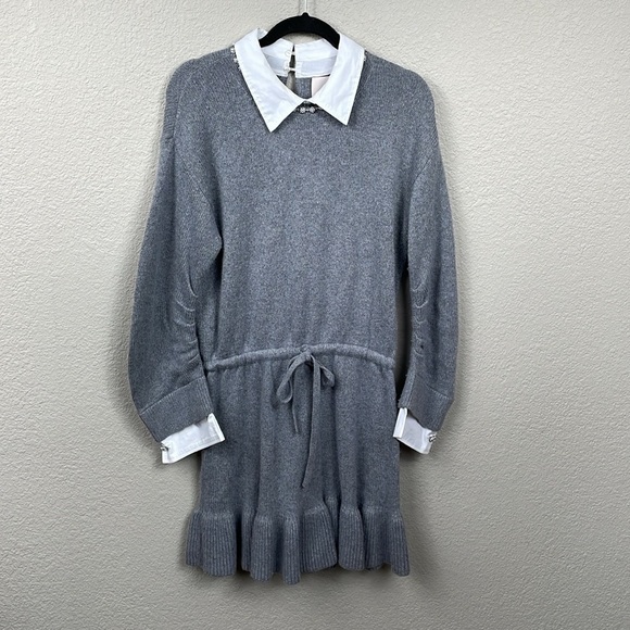 Cinq a Sept Imitation Pearl Necklace Detail Long Sleeve Layered Sweater Dress L - Picture 3 of 16